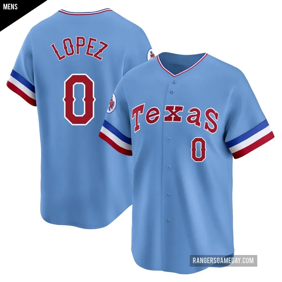 Men's Texas Rangers ＃0 Leandro Lopez Limited Light Blue Cooperstown Collection Jersey