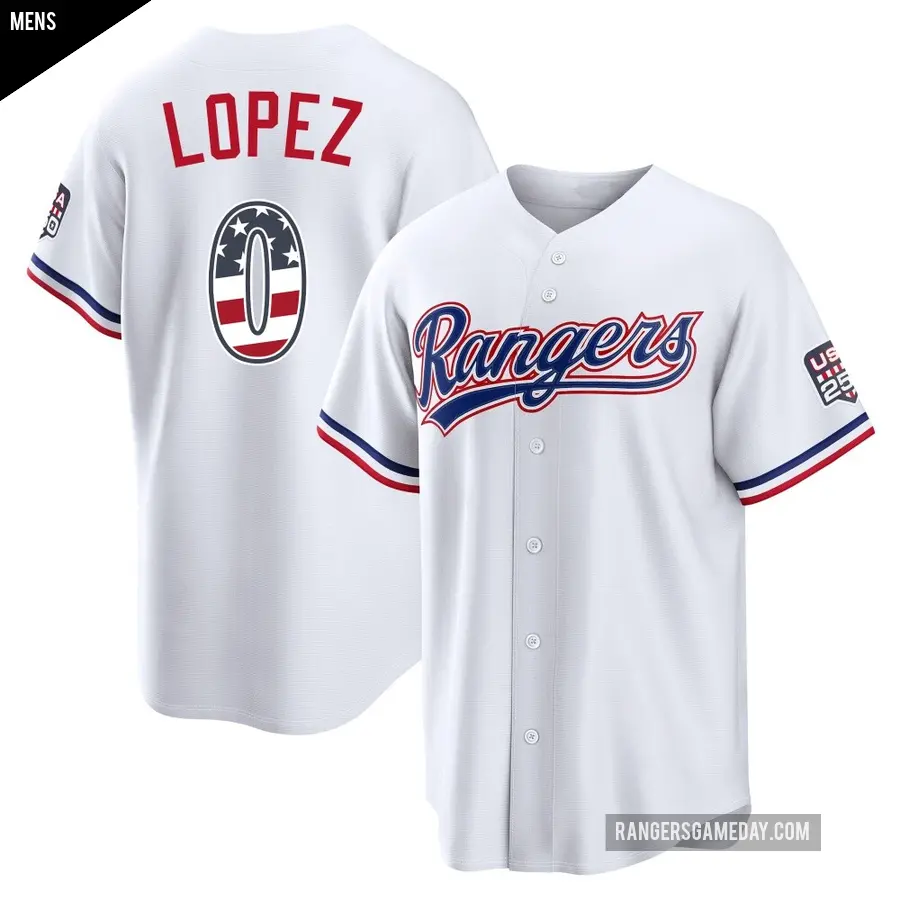 Men's Texas Rangers ＃0 Leandro Lopez Limited White USA 250 Fourth Of July Home Stadium Jersey