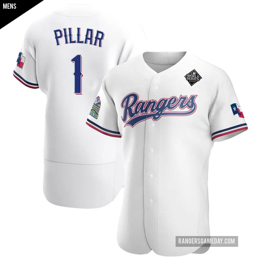 Men's Texas Rangers ＃1 Kevin Pillar Authentic White Home 2023 World Series Jersey