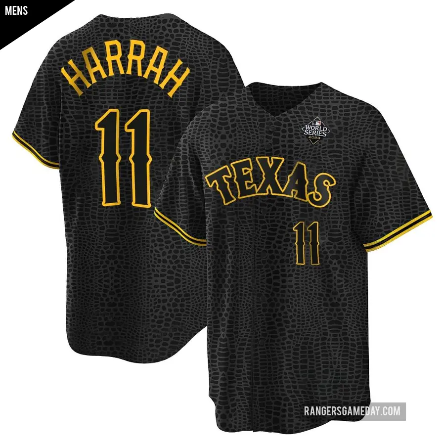Men's Texas Rangers ＃11 Toby Harrah Replica Black Snake Skin City 2023 World Series Jersey