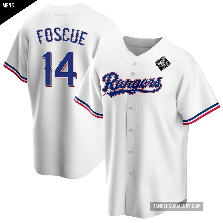 Men's Texas Rangers ＃14 Justin Foscue Replica White Home 2023 World Series Jersey