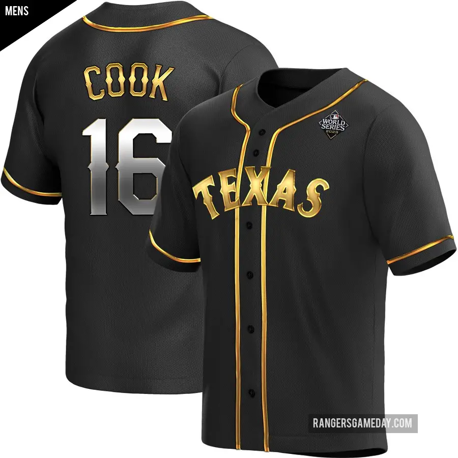 Men's Texas Rangers ＃16 Casey Cook Replica Gold Black en Alternate 2023 World Series Jersey