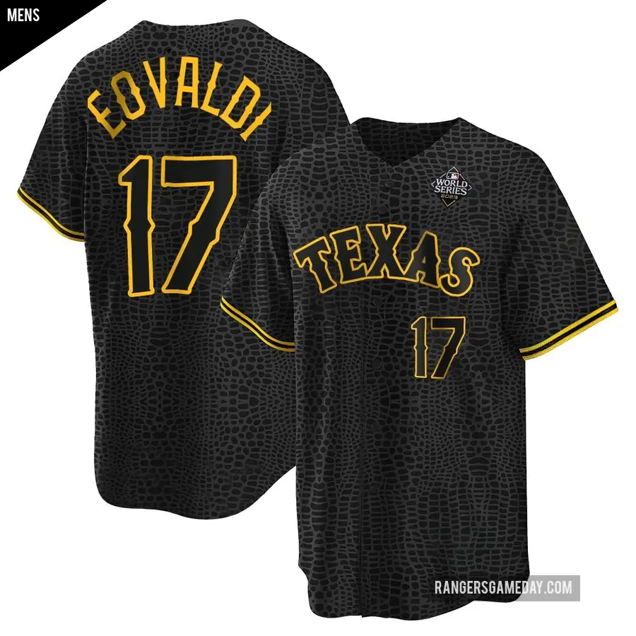 Men's Texas Rangers ＃17 Nathan Eovaldi Replica Black Snake Skin City 2023 World Series Jersey