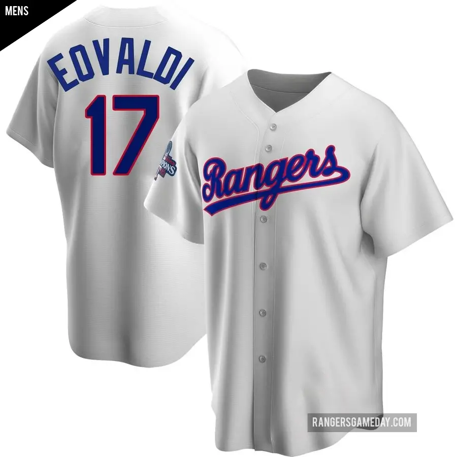 Men's Texas Rangers ＃17 Nathan Eovaldi Replica White Home Cooperstown Collection 2023 World Series Champions Jersey