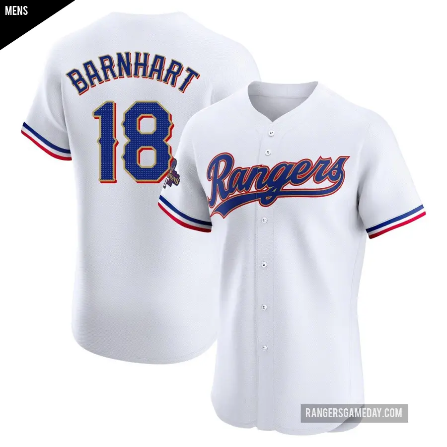 Men's Texas Rangers ＃18 Tucker Barnhart Elite Gold White 2024 Collection Jersey