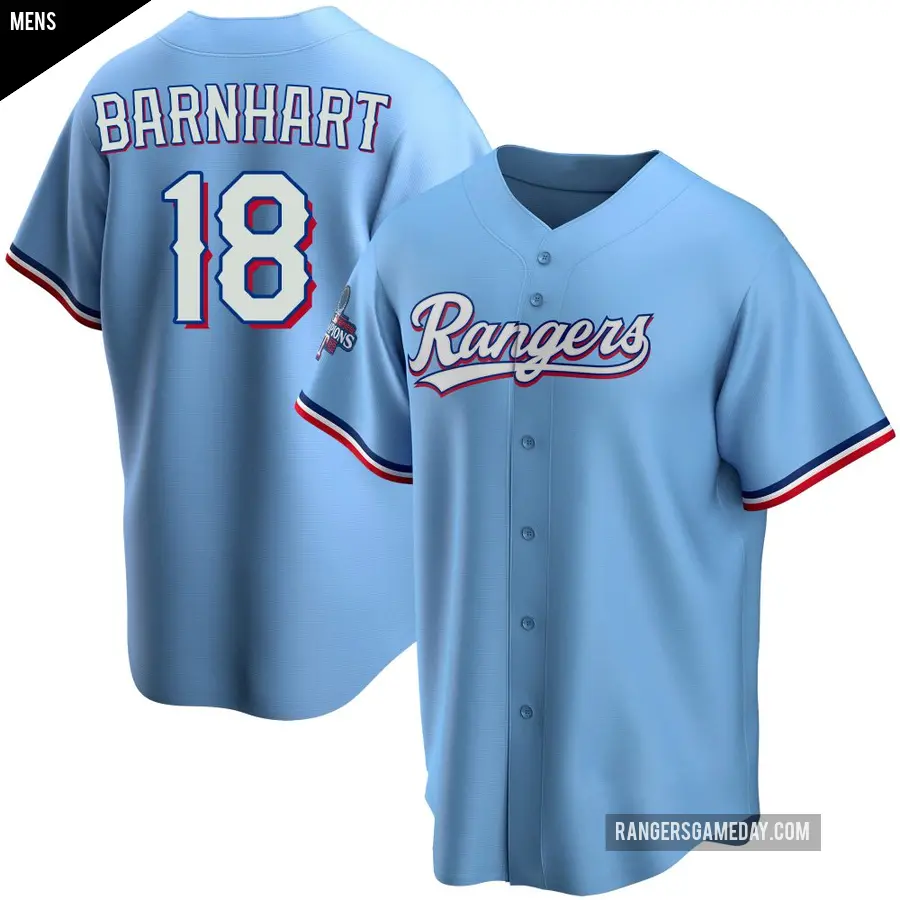 Men's Texas Rangers ＃18 Tucker Barnhart Replica Light Blue Alternate 2023 World Series Champions Jersey