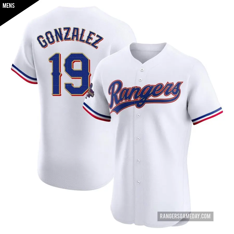 Men's Texas Rangers ＃19 Juan Gonzalez Elite Gold White 2024 Collection Jersey