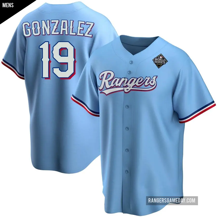 Men's Texas Rangers ＃19 Juan Gonzalez Replica Light Blue Alternate 2023 World Series Jersey