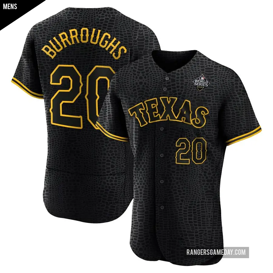 Men's Texas Rangers ＃20 Jeff Burroughs Authentic Black Snake Skin City 2023 World Series Jersey