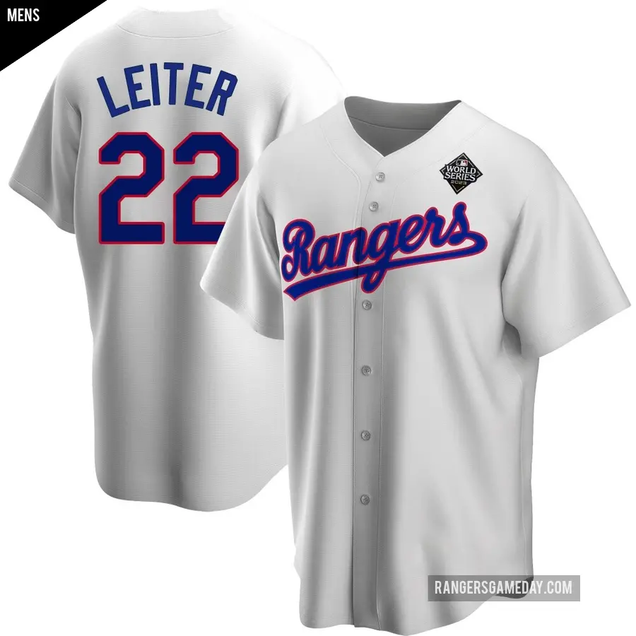 Men's Texas Rangers ＃22 Jack Leiter Replica White Home Cooperstown Collection 2023 World Series Jersey