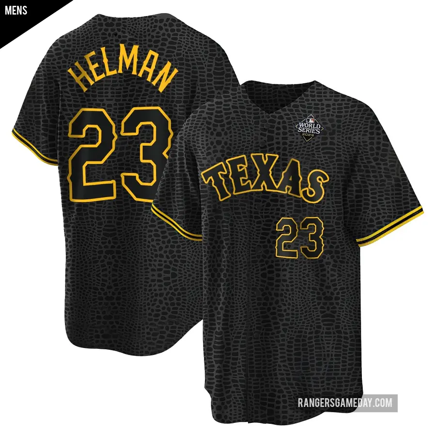 Men's Texas Rangers ＃23 Michael Helman Replica Black Snake Skin City 2023 World Series Jersey