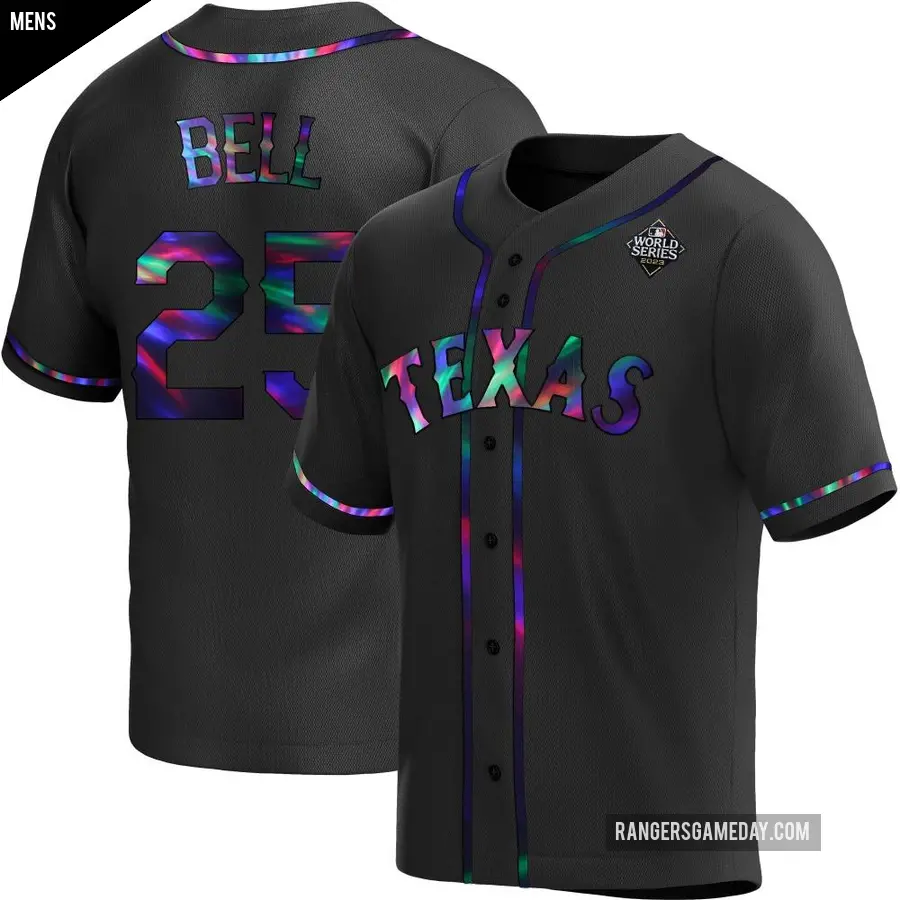 Men's Texas Rangers ＃25 Buddy Bell Replica Black Holographic Alternate 2023 World Series Jersey