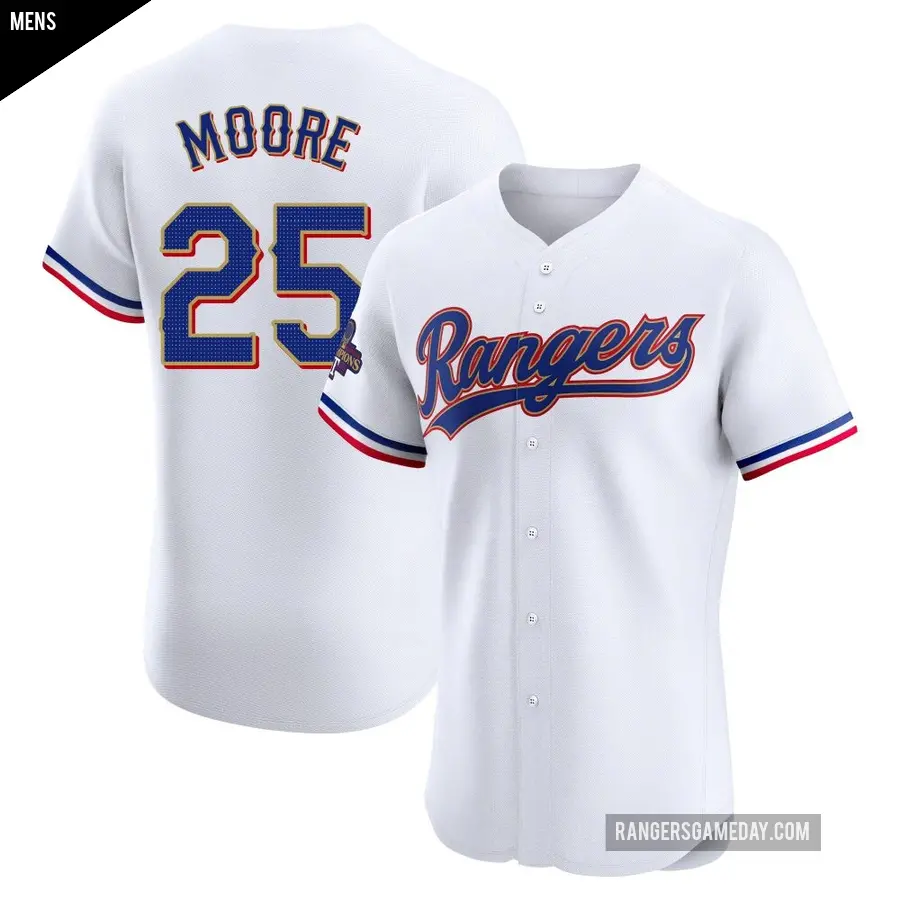 Men's Texas Rangers ＃25 Dylan Moore Elite Gold White 2024 Collection Jersey
