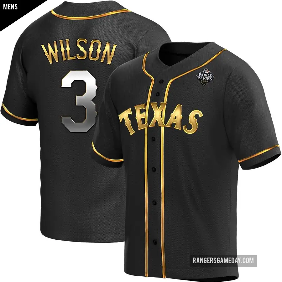 Men's Texas Rangers ＃3 Russell Wilson Replica Gold Black en Alternate 2023 World Series Jersey