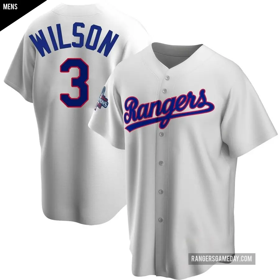 Men's Texas Rangers ＃3 Russell Wilson Replica White Home Cooperstown Collection 2023 World Series Champions Jersey