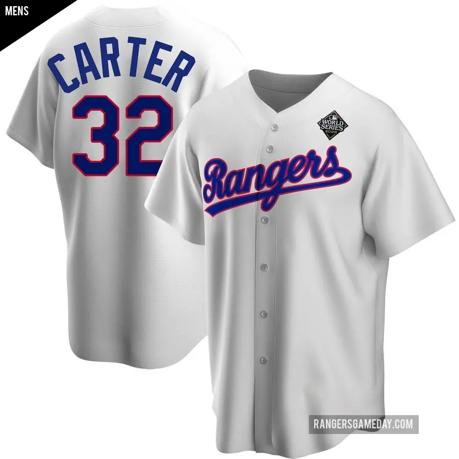 Men's Texas Rangers ＃32 Evan Carter Replica White Home Cooperstown Collection 2023 World Series Jersey