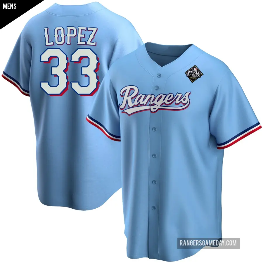 Men's Texas Rangers ＃33 Nicky Lopez Replica Light Blue Alternate 2023 World Series Jersey
