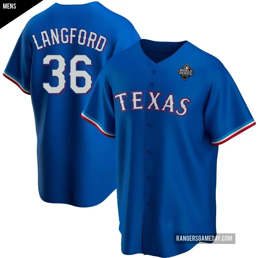 Men's Texas Rangers ＃36 Wyatt Langford Replica Royal Alternate 2023 World Series Jersey