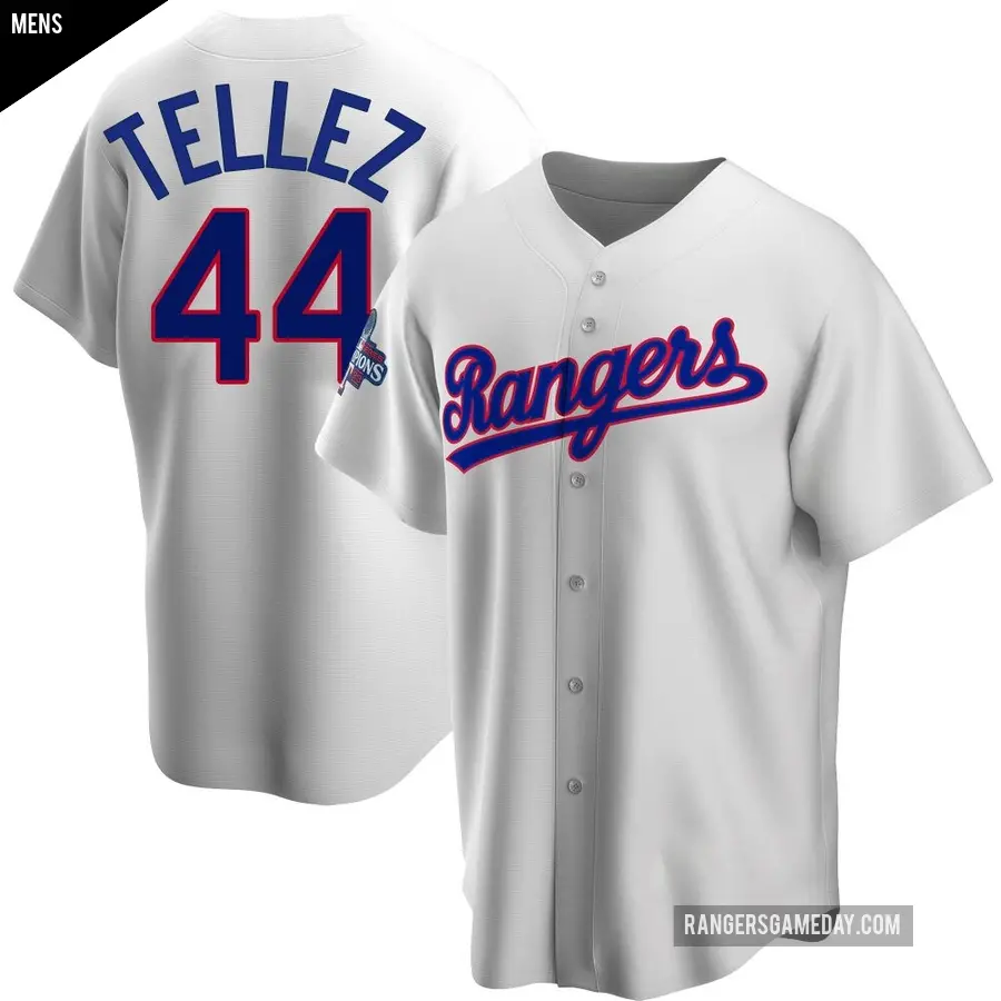 Men's Texas Rangers ＃44 Rowdy Tellez Replica White Home Cooperstown Collection 2023 World Series Champions Jersey