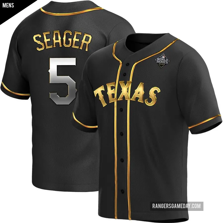 Men's Texas Rangers ＃5 Corey Seager Replica Gold Black en Alternate 2023 World Series Jersey
