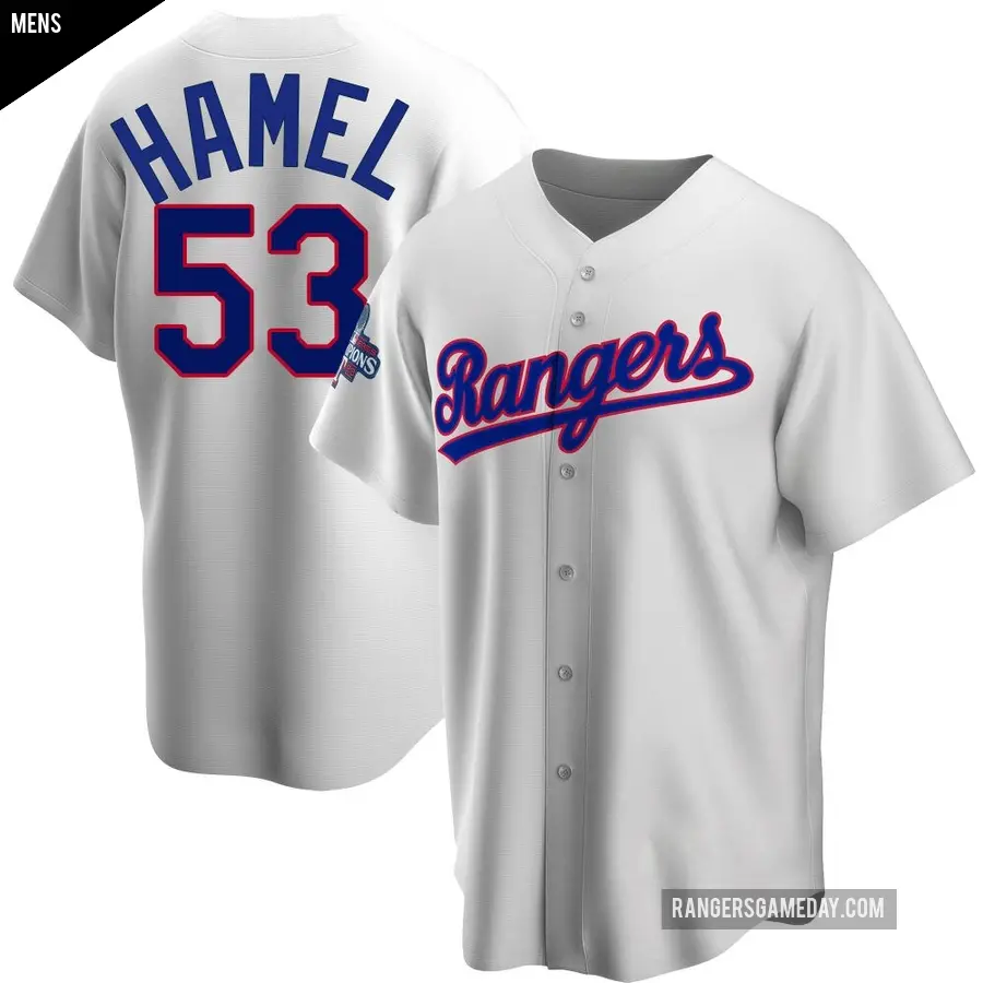 Men's Texas Rangers ＃53 Dominic Hamel Replica White Home Cooperstown Collection 2023 World Series Champions Jersey