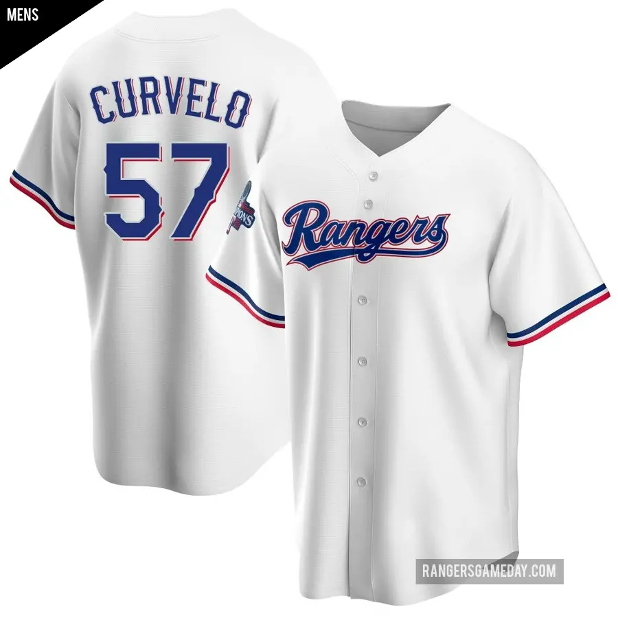 Men's Texas Rangers ＃57 Luis Curvelo Replica White Home 2023 World Series Champions Jersey