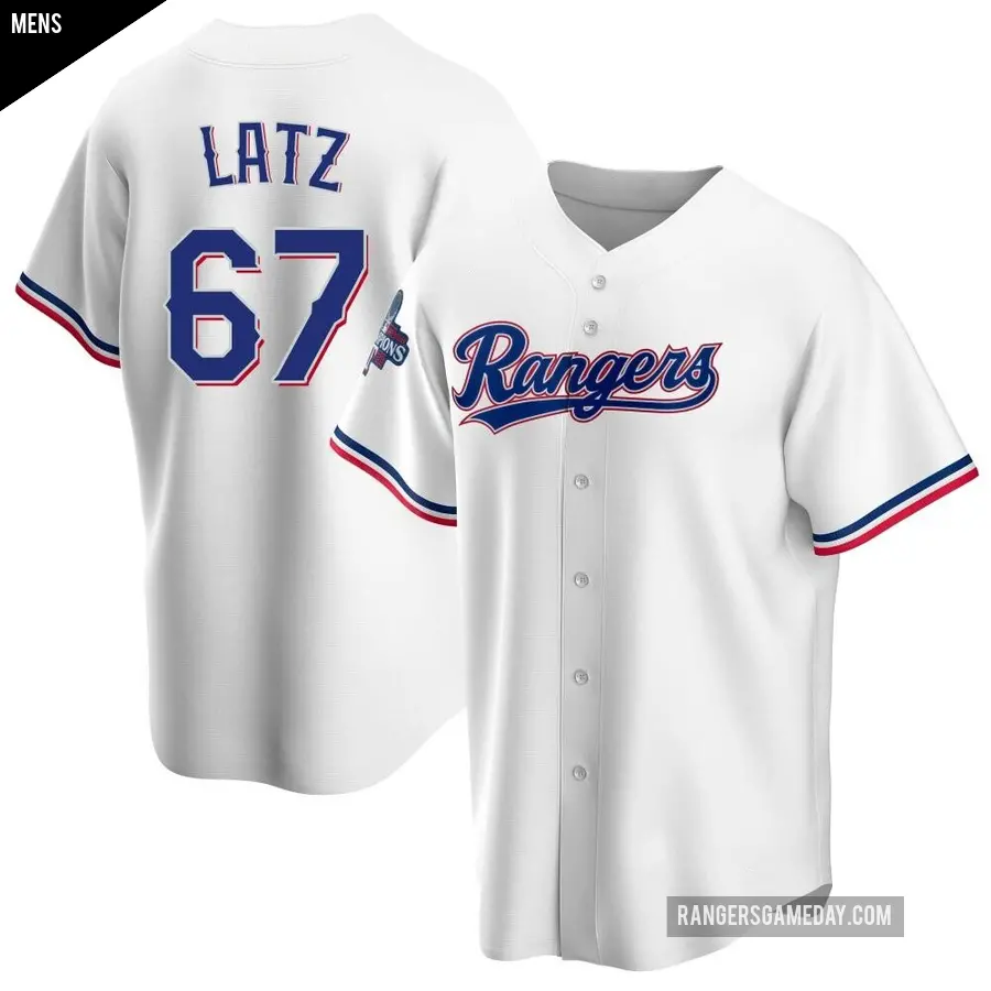 Men's Texas Rangers ＃67 Jacob Latz Replica White Home 2023 World Series Champions Jersey