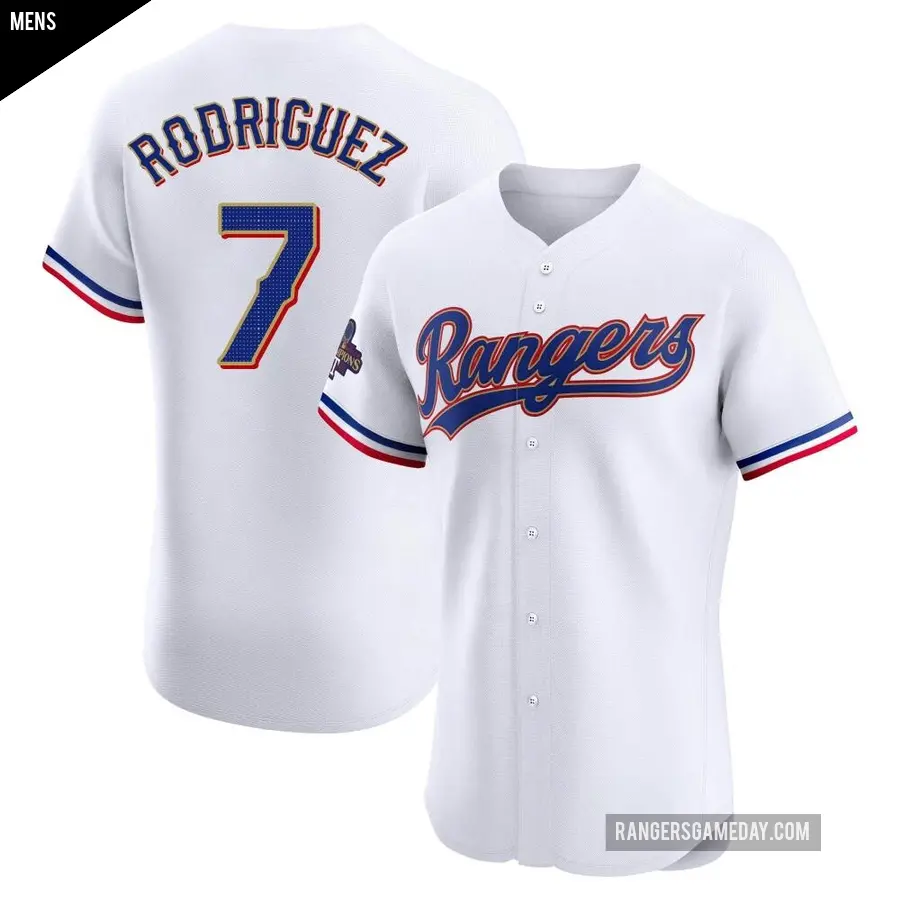 Men's Texas Rangers ＃7 Ivan Rodriguez Elite Gold White 2024 Collection Jersey
