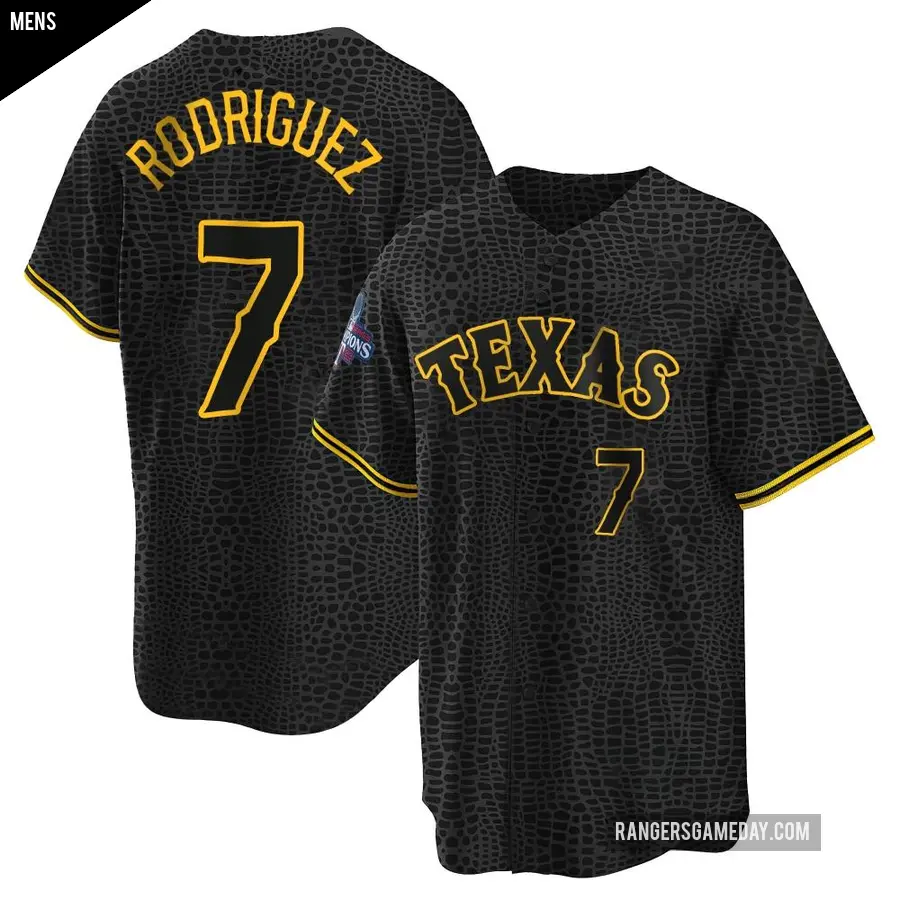 Men's Texas Rangers ＃7 Ivan Rodriguez Replica Black Snake Skin City 2023 World Series Champions Jersey