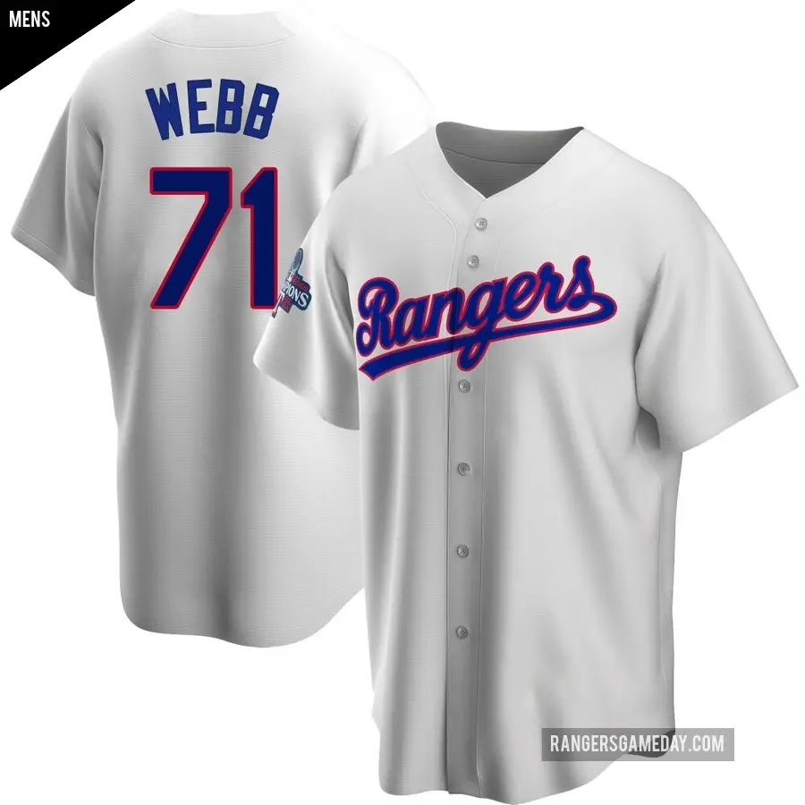 Men's Texas Rangers ＃71 Jacob Webb Replica White Home Cooperstown Collection 2023 World Series Champions Jersey