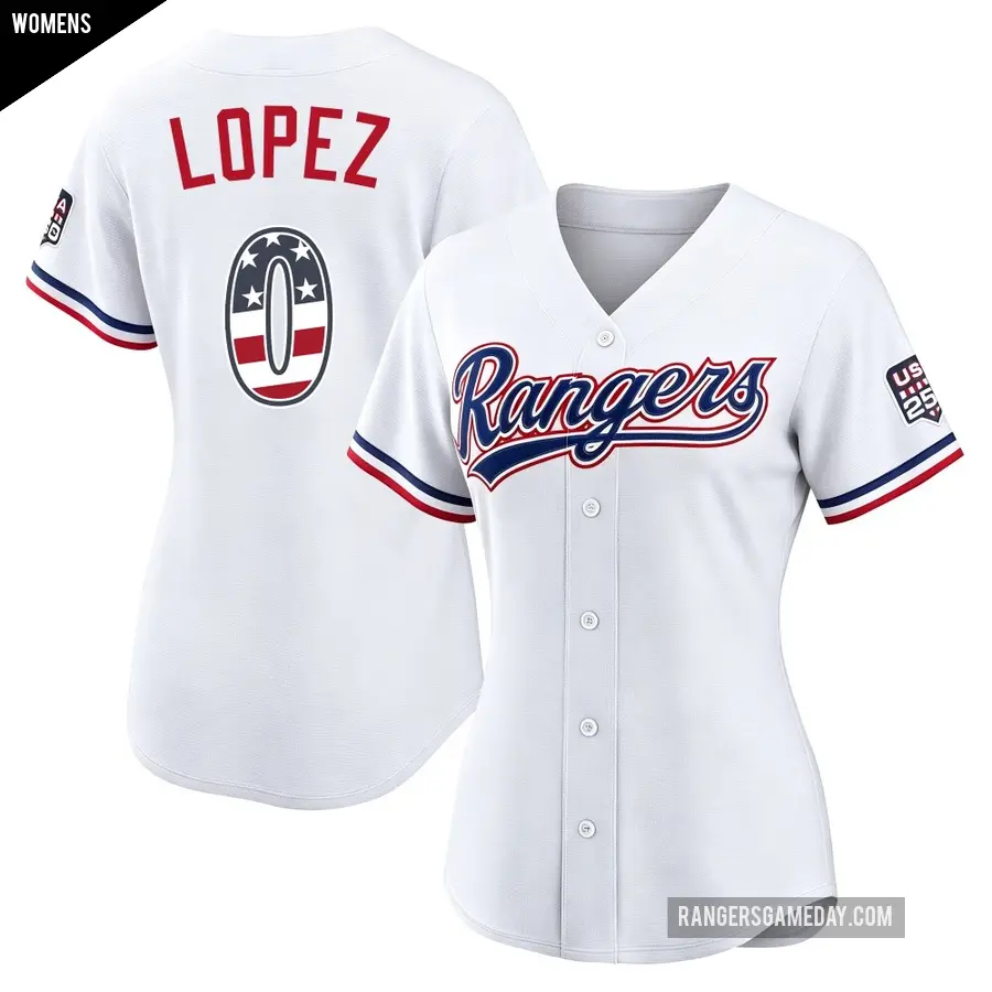Women's Texas Rangers ＃0 Leandro Lopez Limited White USA 250 Fourth Of July Home Stadium Jersey
