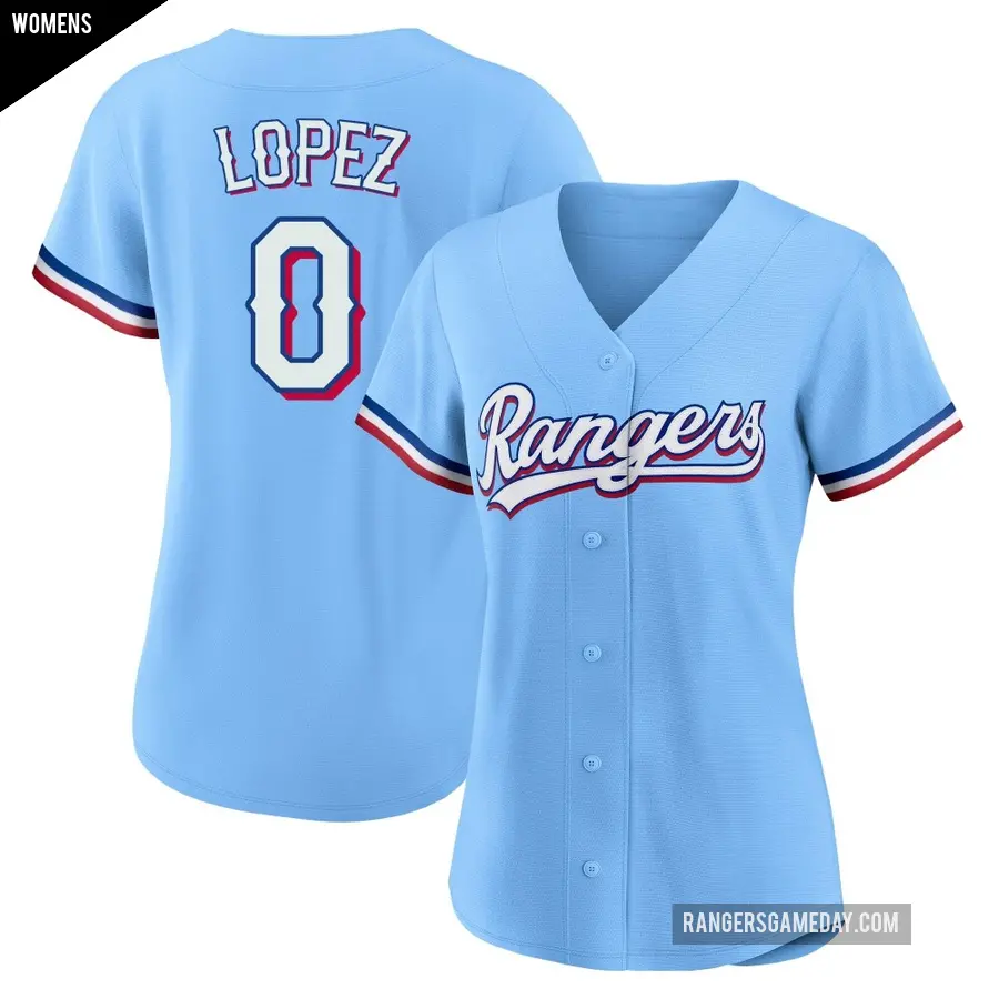 Women's Texas Rangers ＃0 Leandro Lopez Replica Light Blue Alternate Jersey