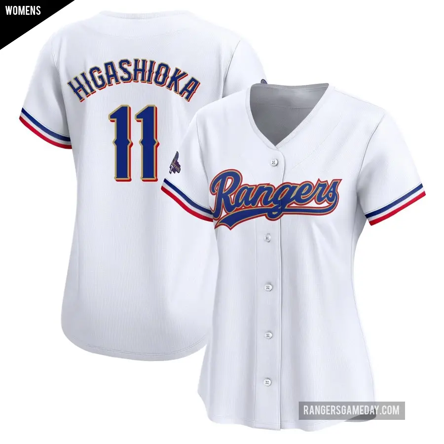 Women's Texas Rangers ＃11 Kyle Higashioka Limited Gold White 2024 Collection Jersey