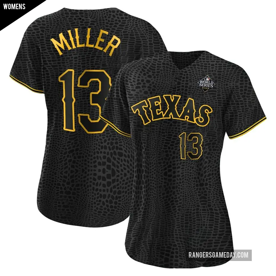 Women's Texas Rangers ＃13 Brad Miller Authentic Black Snake Skin City 2023 World Series Jersey