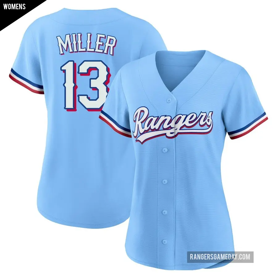 Women's Texas Rangers ＃13 Brad Miller Replica Light Blue Alternate Jersey