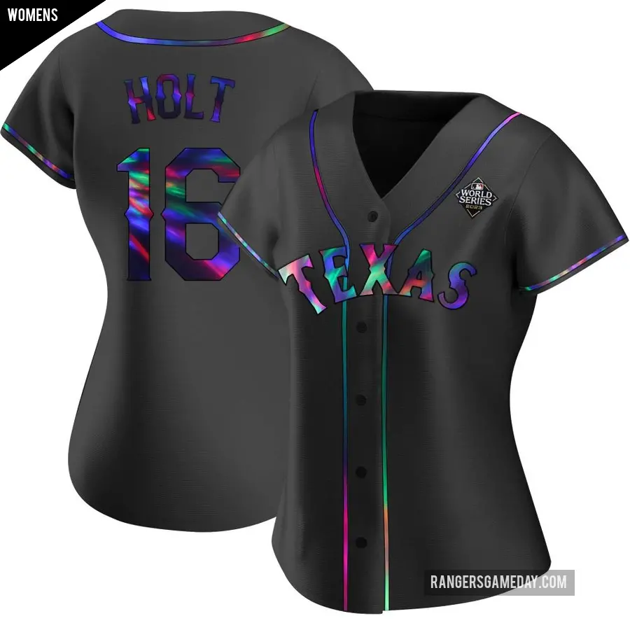 Women's Texas Rangers ＃16 Brock Holt Replica Black Holographic Alternate 2023 World Series Jersey