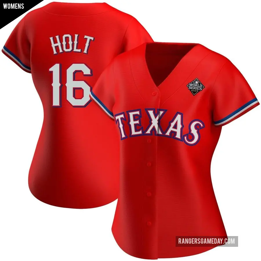 Women's Texas Rangers ＃16 Brock Holt Replica Red Alternate 2023 World Series Jersey