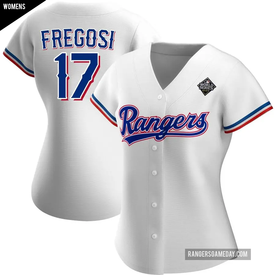 Women's Texas Rangers ＃17 Jim Fregosi Replica White Home 2023 World Series Jersey