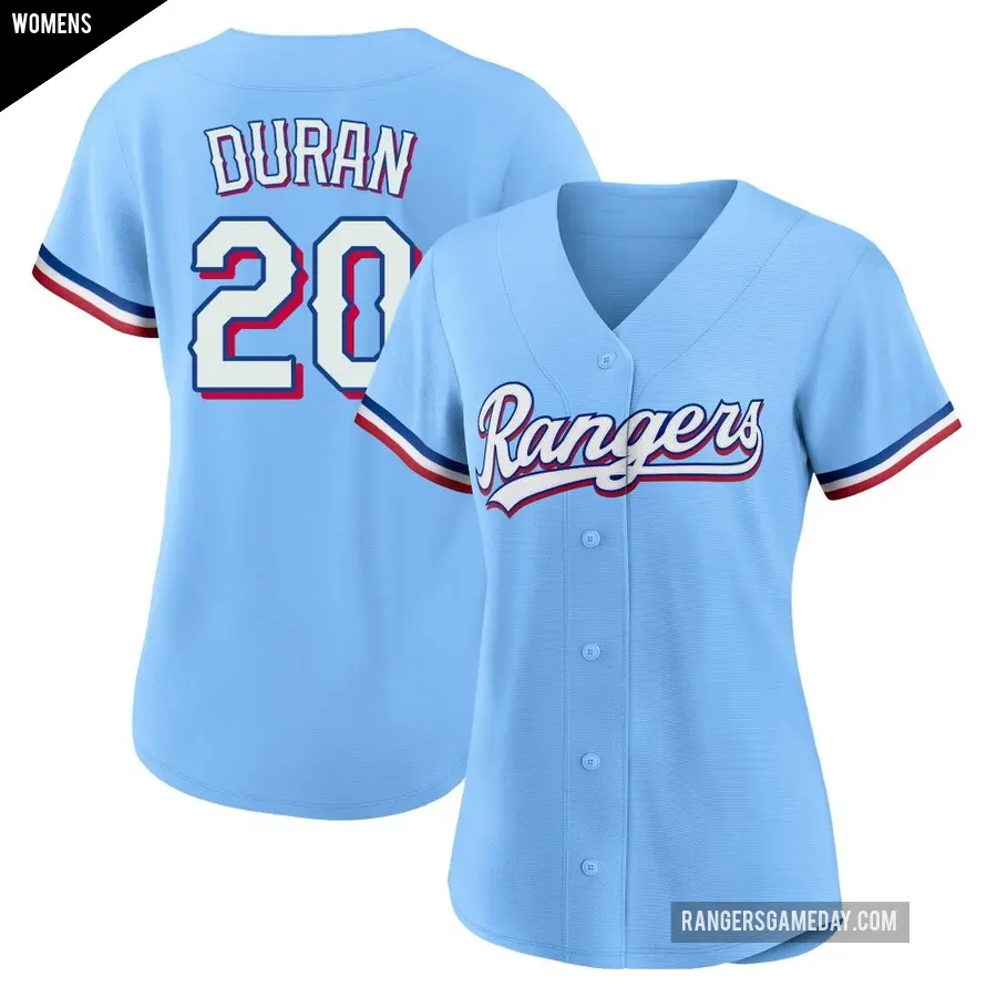 Women's Texas Rangers ＃20 Ezequiel Duran Replica Light Blue Alternate Jersey