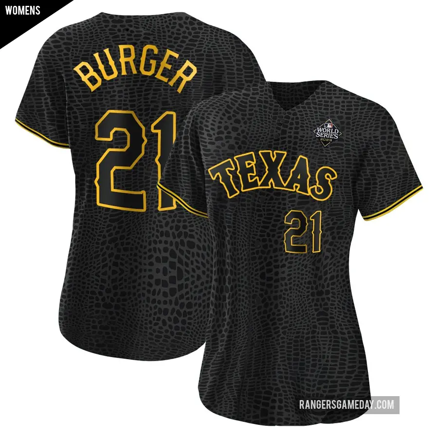 Women's Texas Rangers ＃21 Jake Burger Authentic Black Snake Skin City 2023 World Series Jersey