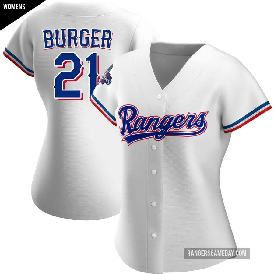Women's Texas Rangers ＃21 Jake Burger Authentic White Home 2023 World Series Champions Jersey