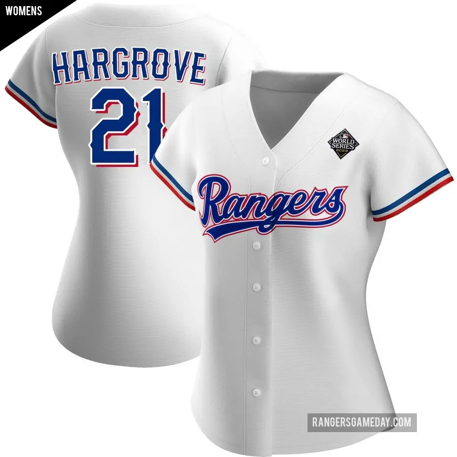 Women's Texas Rangers ＃21 Mike Hargrove Authentic White Home 2023 World Series Jersey