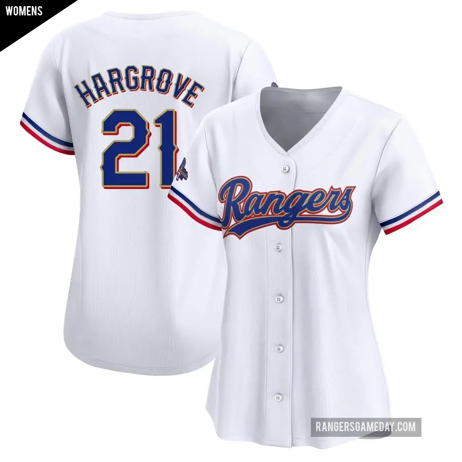 Women's Texas Rangers ＃21 Mike Hargrove Limited Gold White 2024 Collection Jersey