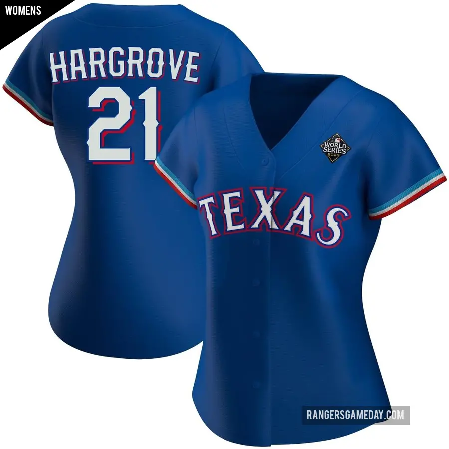 Women's Texas Rangers ＃21 Mike Hargrove Replica Royal Alternate 2023 World Series Jersey