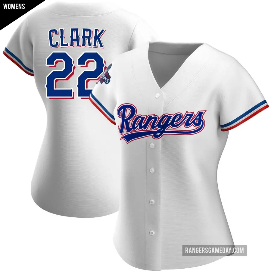 Women's Texas Rangers ＃22 Will Clark Replica White Home 2023 World Series Champions Jersey