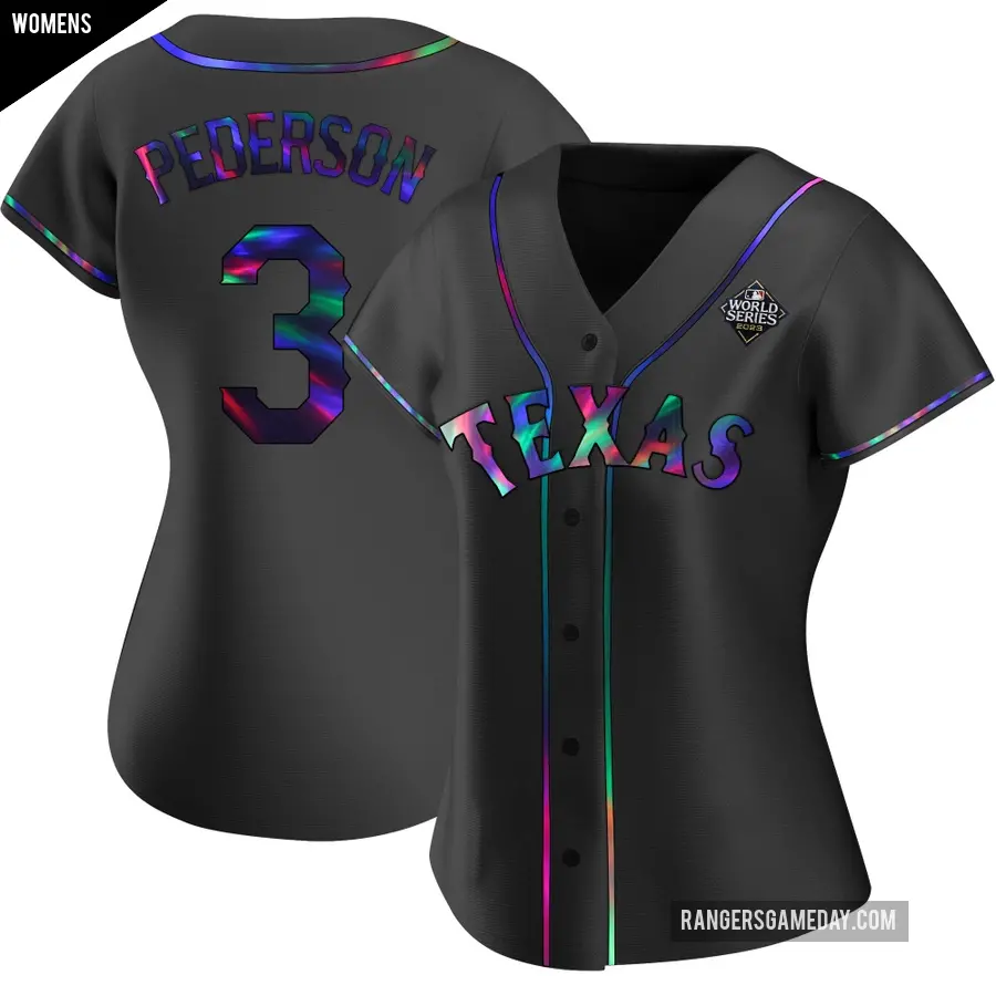 Women's Texas Rangers ＃3 Joc Pederson Replica Black Holographic Alternate 2023 World Series Jersey