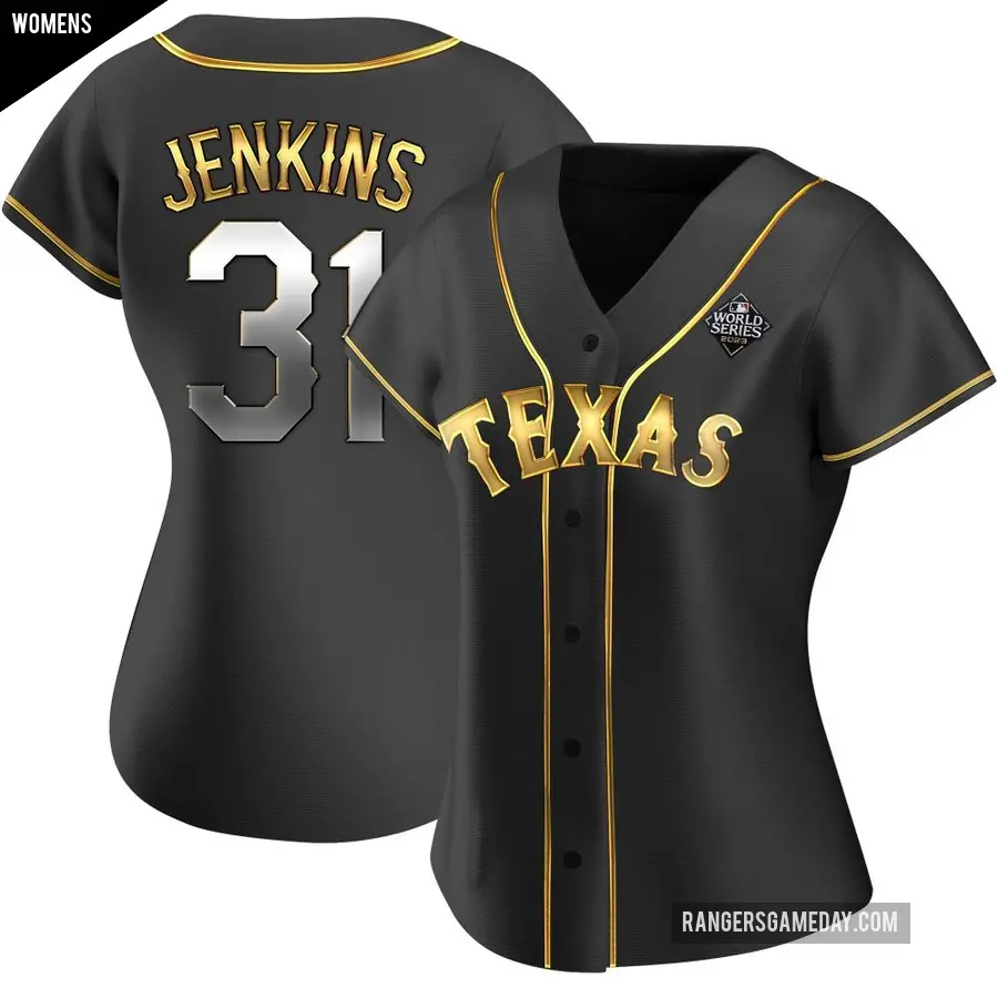 Women's Texas Rangers ＃31 Ferguson Jenkins Replica Gold Black en Alternate 2023 World Series Jersey