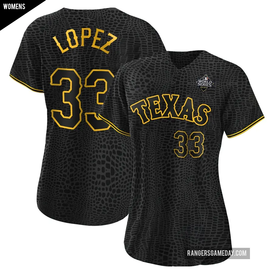Women's Texas Rangers ＃33 Nicky Lopez Replica Black Snake Skin City 2023 World Series Jersey