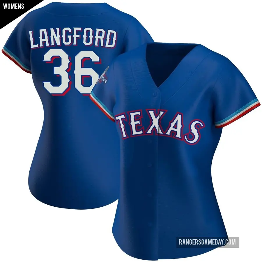 Women's Texas Rangers ＃36 Wyatt Langford Authentic Royal Alternate 2023 World Series Champions Jersey