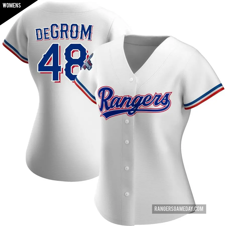 Women's Texas Rangers ＃48 Jacob deGrom Authentic White Home 2023 World Series Champions Jersey